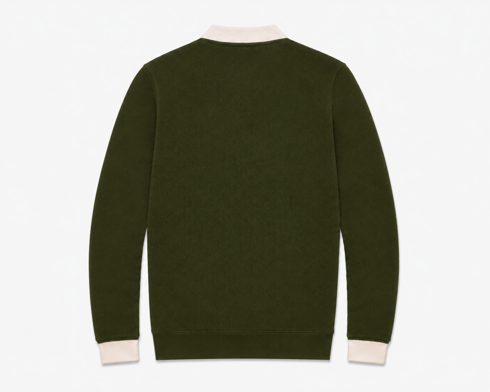 The back view of a dark olive green crewneck sweater with contrasting light beige ribbed collar, cuffs, and hem, shown on a plain white background.