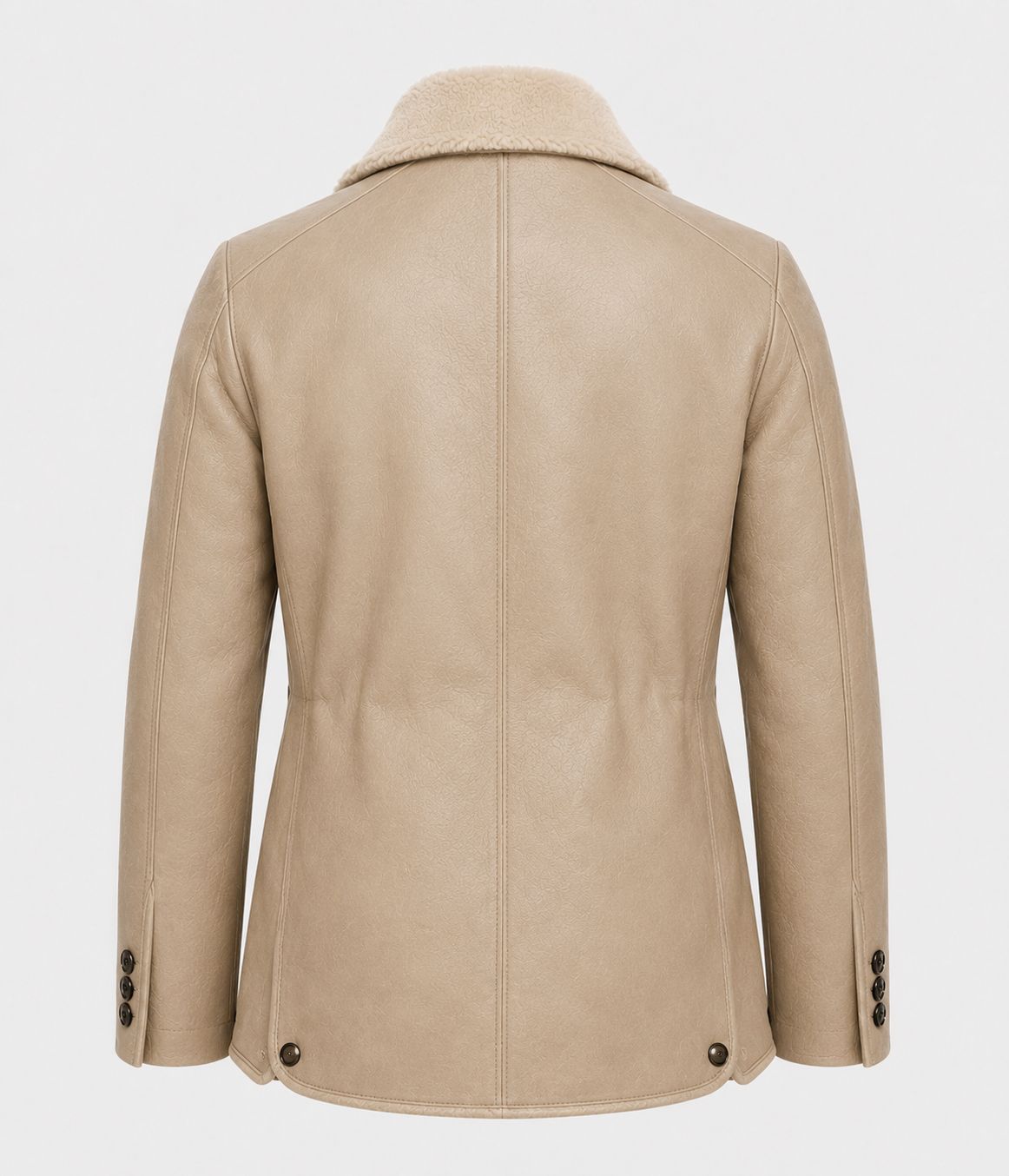 A beige leather jacket with a soft cream-colored shearling-style collar, shown from the back against a light gray background.