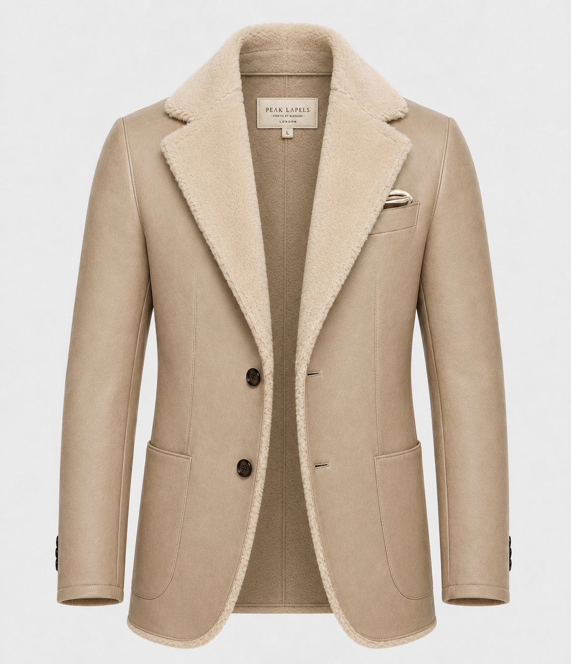 A beige shearling-lined blazer by Peak Laries, featuring a structured collar, dark buttons, and a matching pocket square, shown against a light gray background.
