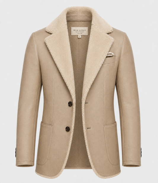 A beige shearling-lined blazer by Peak Laries, featuring a structured collar, dark buttons, and a matching pocket square, shown against a light gray background.