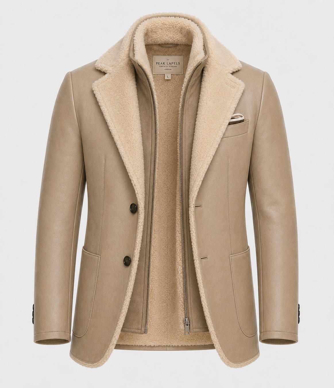 A beige leather jacket with a thick cream sherpa lining, featuring a notched lapel, two front buttons, and a zippered front, shown on a light gray background.