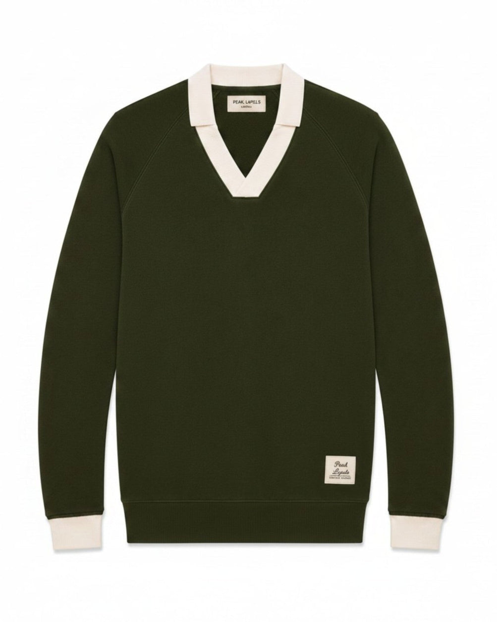 A dark olive green long-sleeve V-neck sweater with contrasting cream ribbed trim at the collar, cuffs, and hem, featuring a small brand patch on the lower left hem.